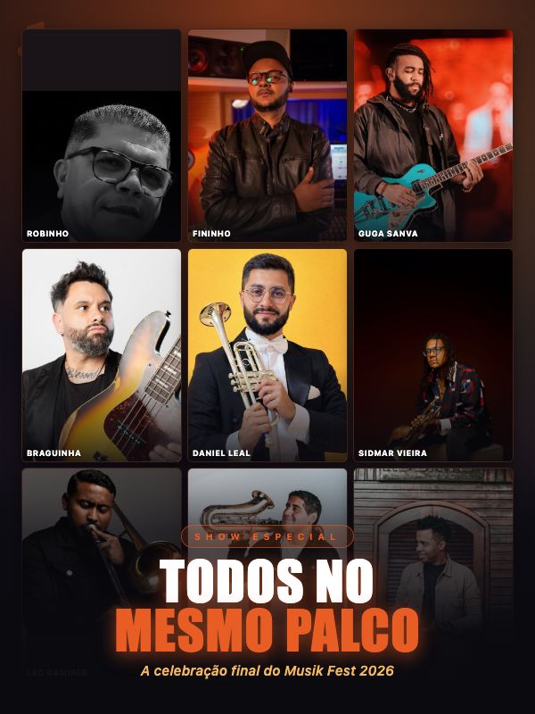 Todos os instrutores juntos no palco — Show de Encerramento Musik Fest 2026